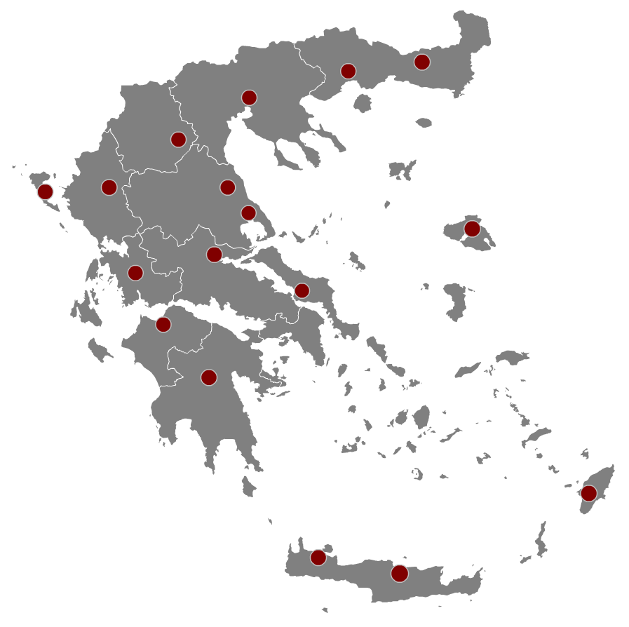 Χάρτης με τοποθεσίες των Περιφερειακών Τμημάτων